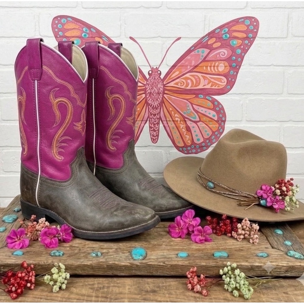 Old West Cowgirl Stitched Pink Embroidered Leather Boots Western festival‎ 7.5
